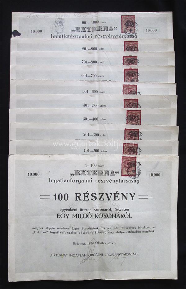 Externa Ingatlanforgalmi R�szv�nyt�rsas�g r�szv�ny 100x10000 korona 1924